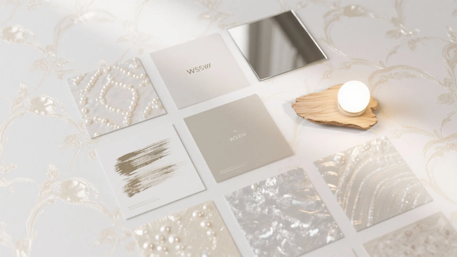 Top-down flat lay of pearlescent and metallic wallpaper samples with matte neutrals and mirror fragment.
