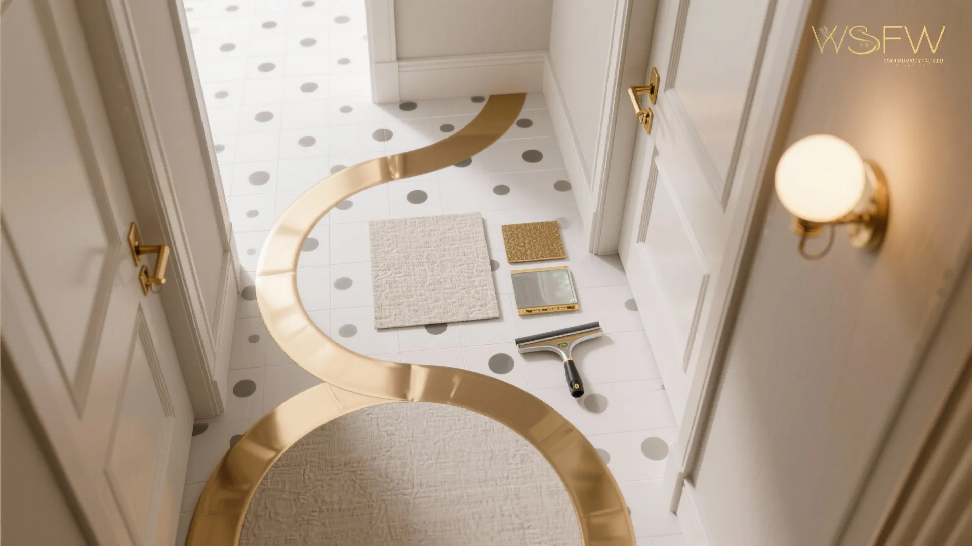 Top-down flat lay of metallic wall decals, textured vinyl swatches, brass hardware, and install tools.