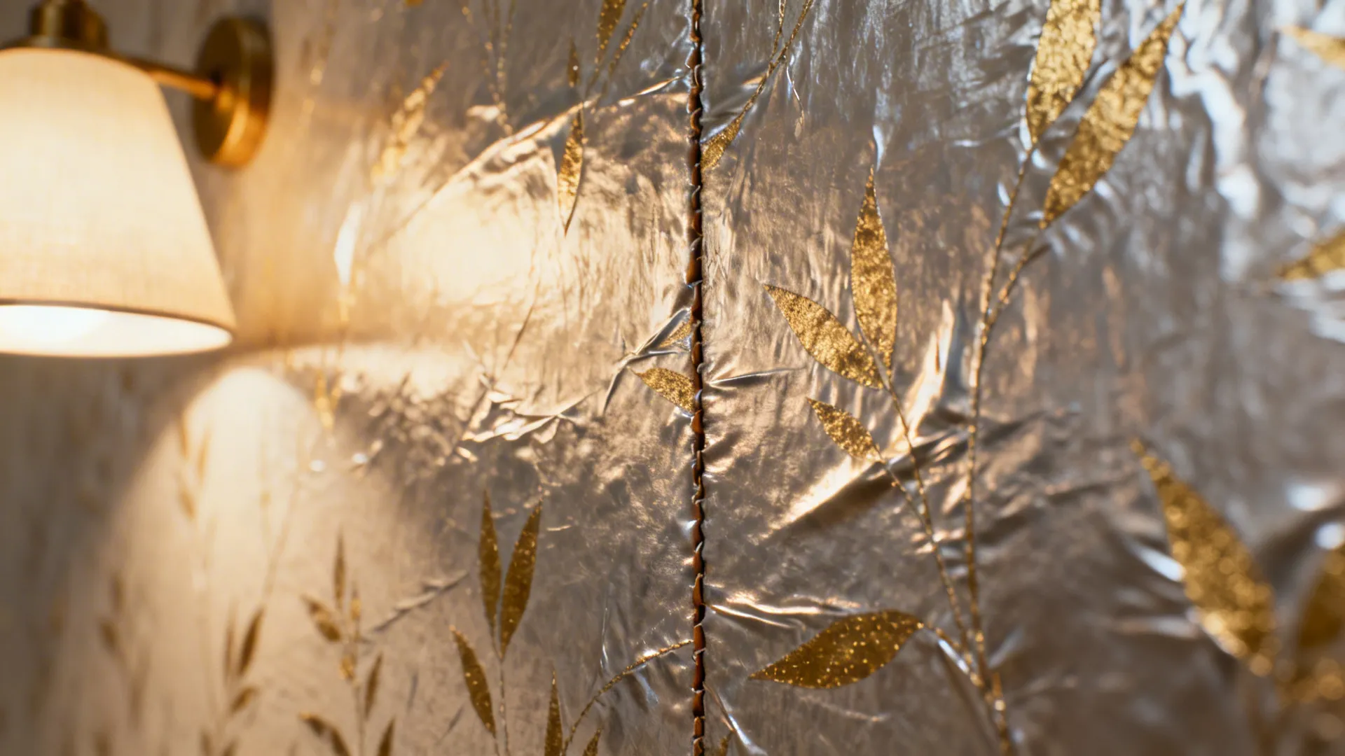 Close-up of soft gold metallic wallpaper reflecting warm lamp light with visible texture.