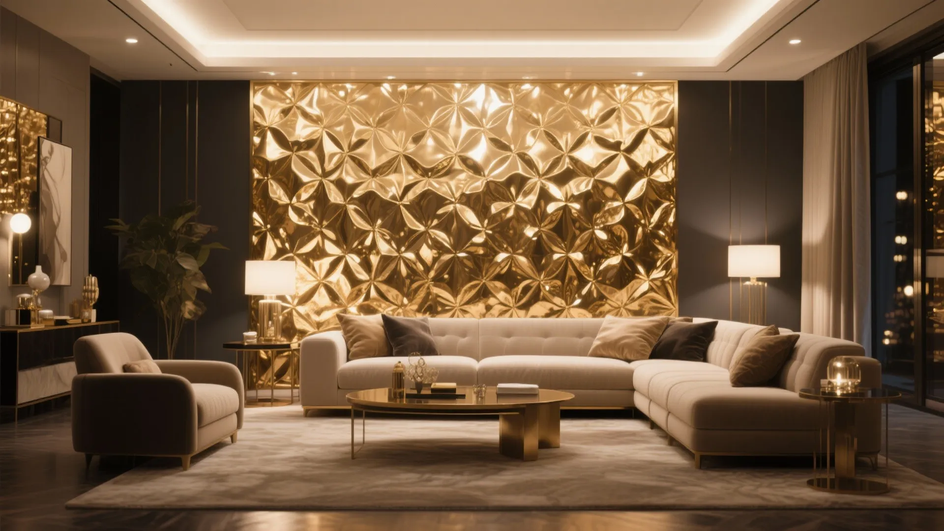 Elegant living room with champagne-gold metallic foil wall