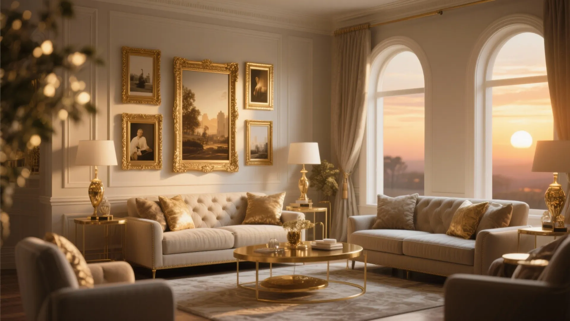 Luxury living room with gold frames beige sofas coffee table large windows and sunset view