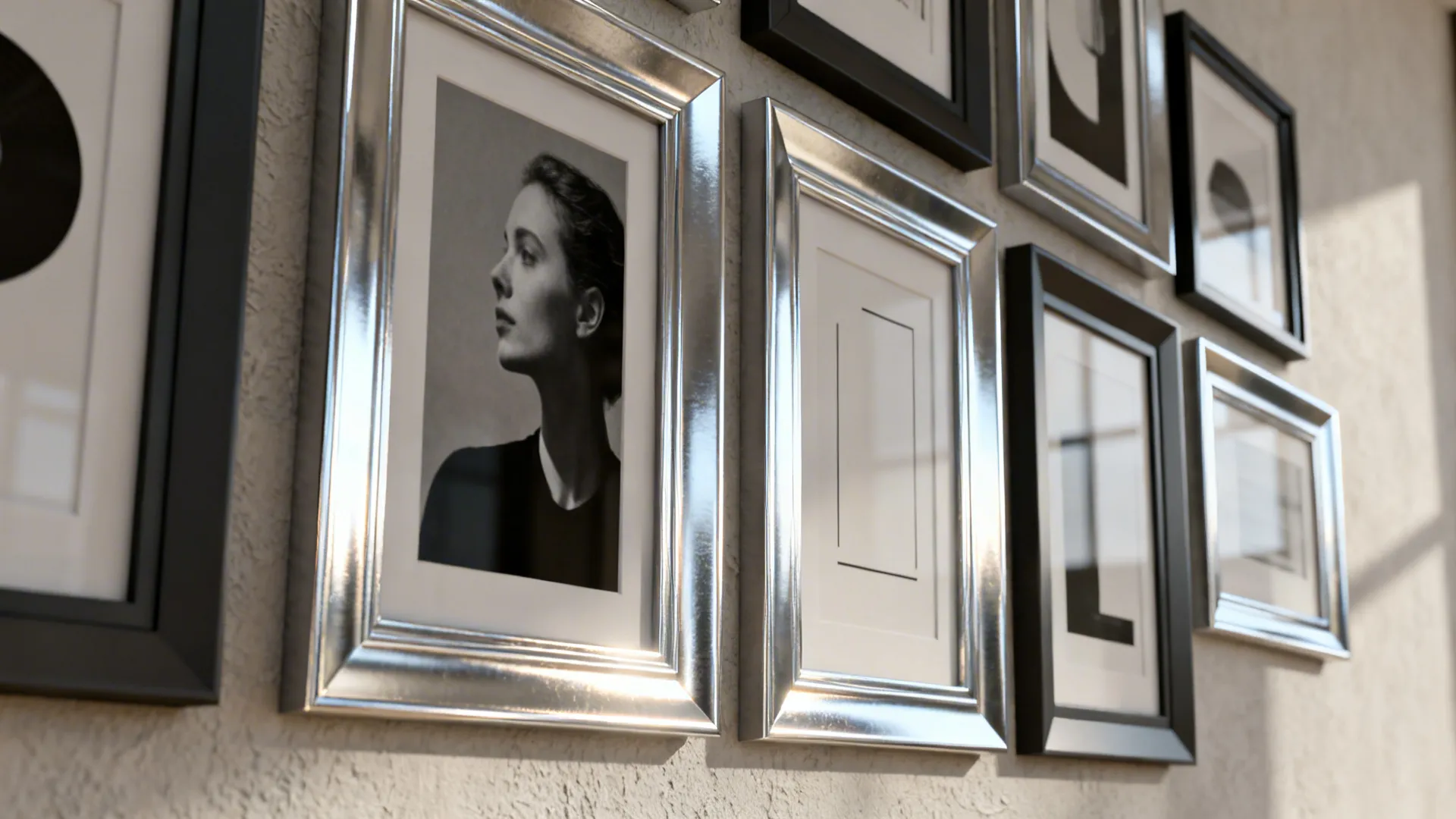 Alternating matte and polished silver frames with black-and-white photos on a neutral wall, soft daylight highlighting textures.
