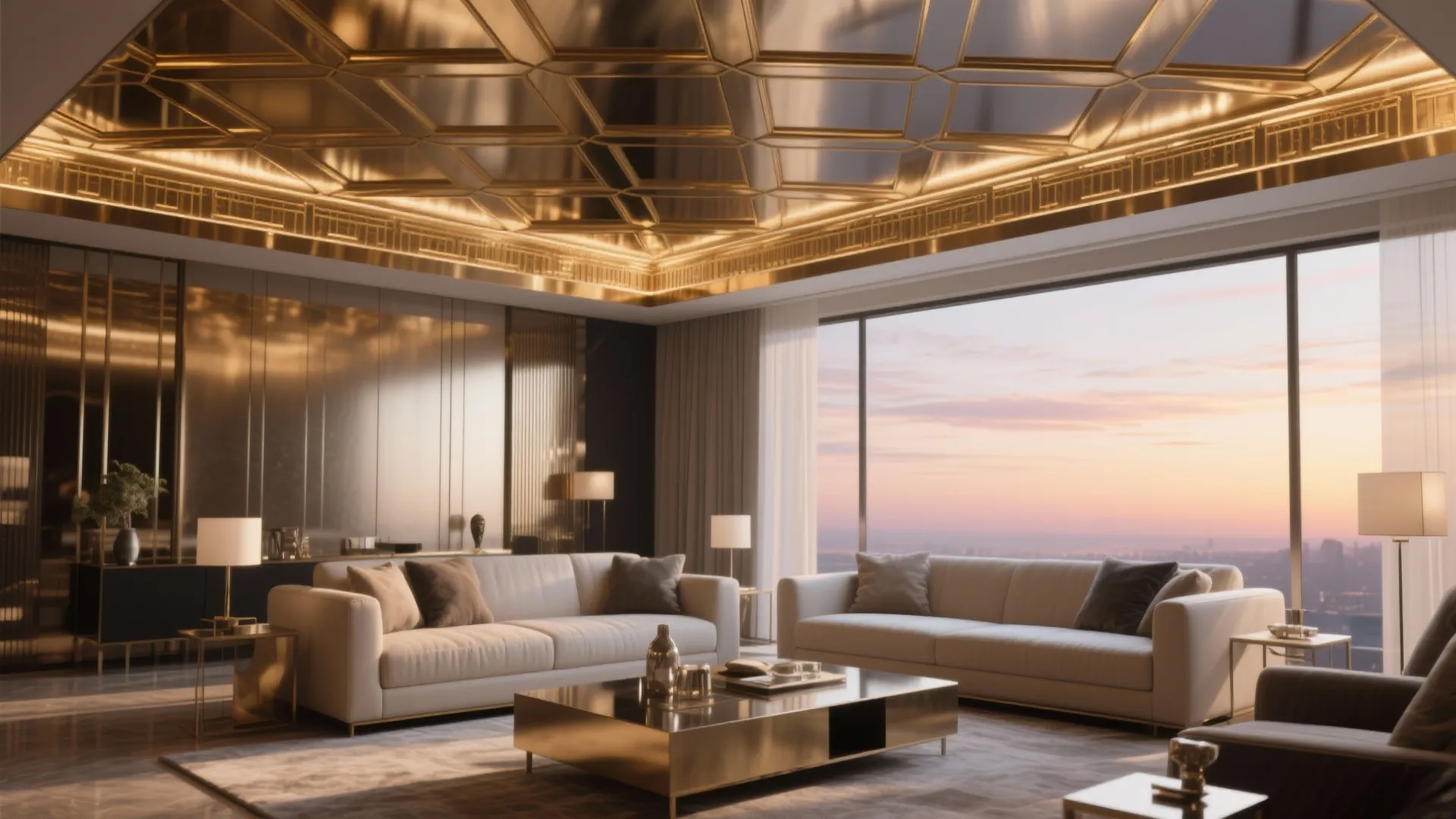 Luxury living room with gold geometric ceiling light fixture white sofas and large glass windows