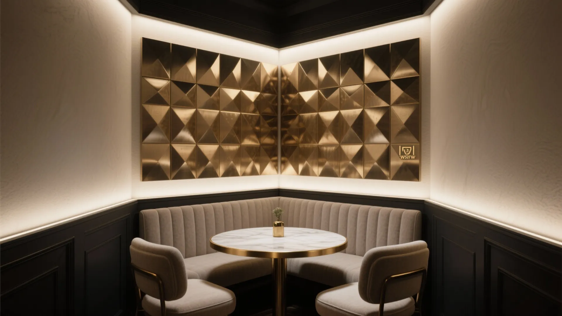 Modern dining corner with golden geometric wall panel marble table grey sofa and warm light fixtures