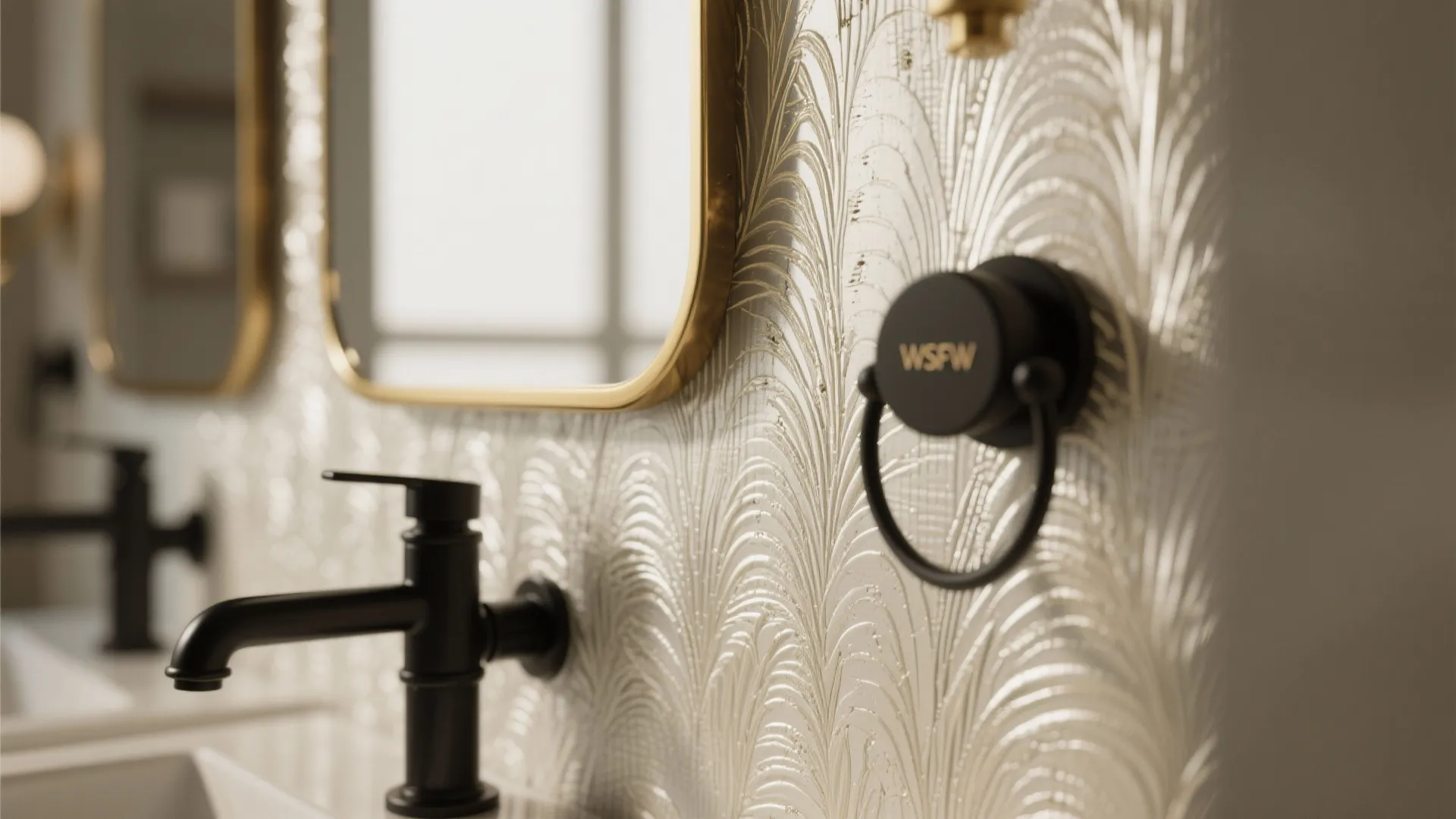 Bathroom detail with textured gold pattern wallpaper black faucet gold mirror and black towel ring