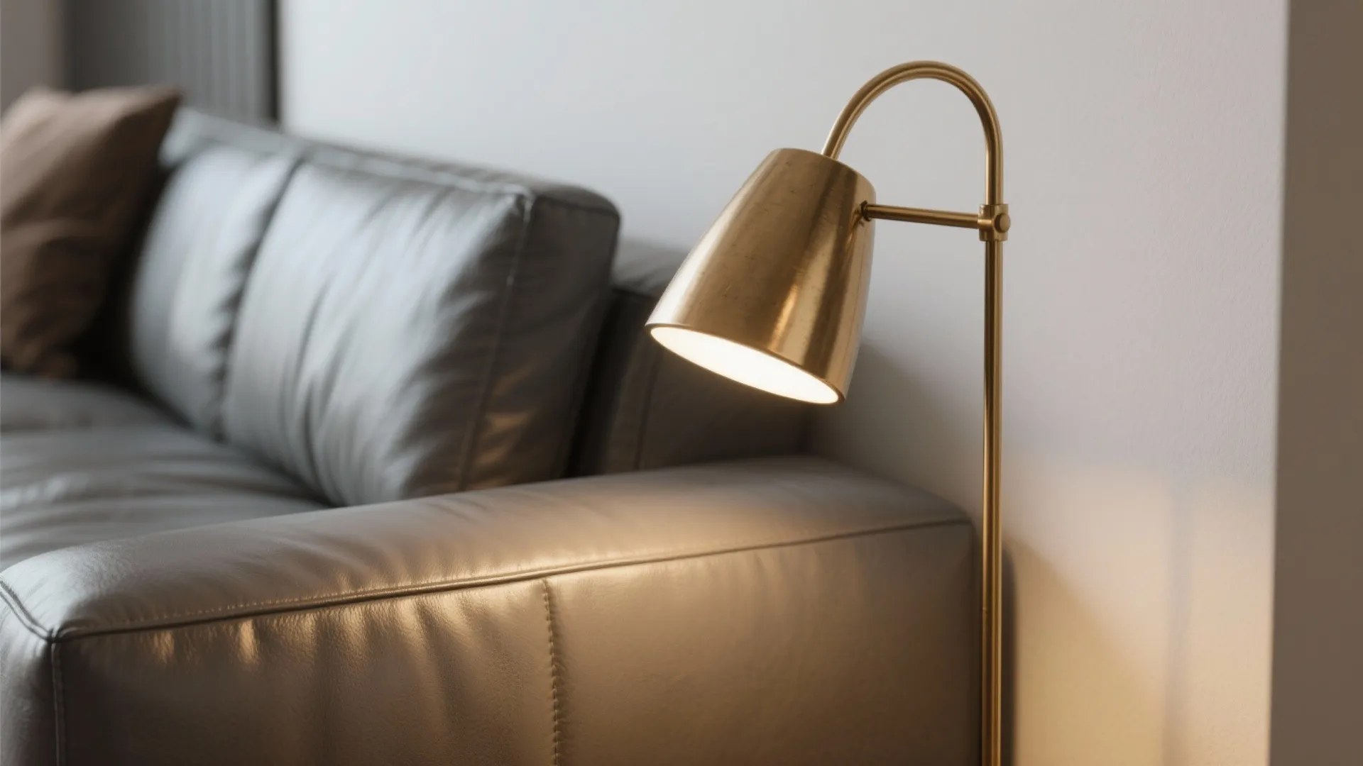 Gold metal floor lamp providing warm light next to grey leather sofa in living room