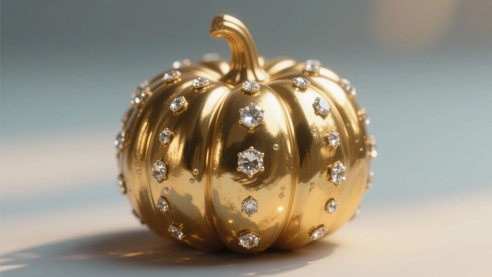 Gold metallic pumpkin decorated with rhinestones in close-up shot