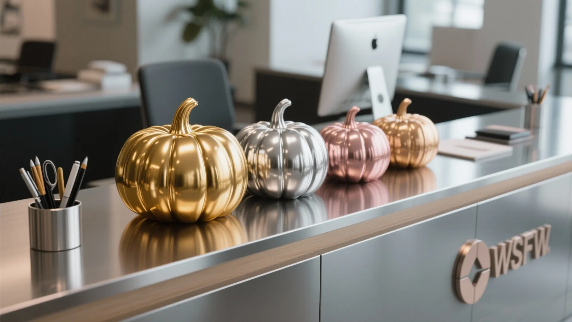 Metallic painted pumpkins in gold and silver on a reception desk