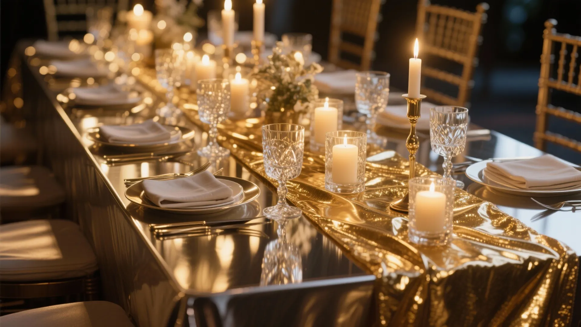 Elegant wedding dining table with gold table runner candles crystal glasses and white plates set