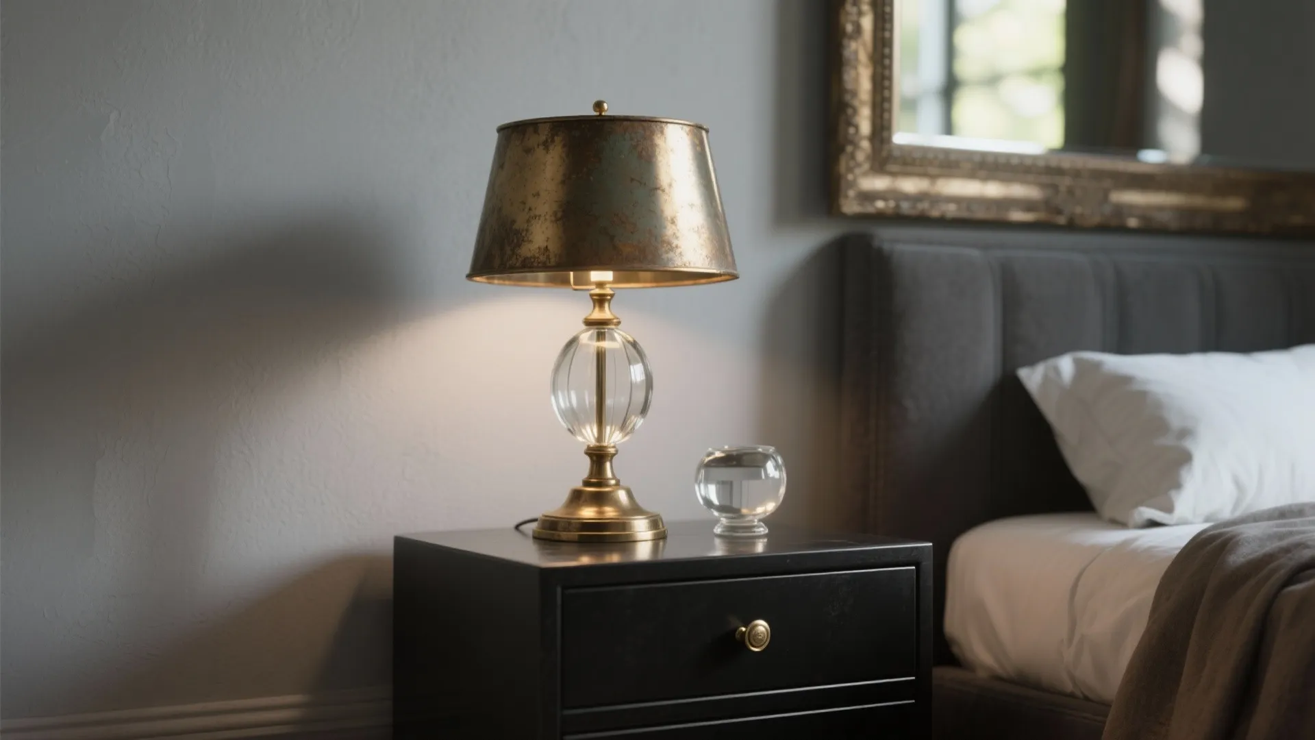 Gold table lamp with glass base on black bedside table in a grey bedroom setting