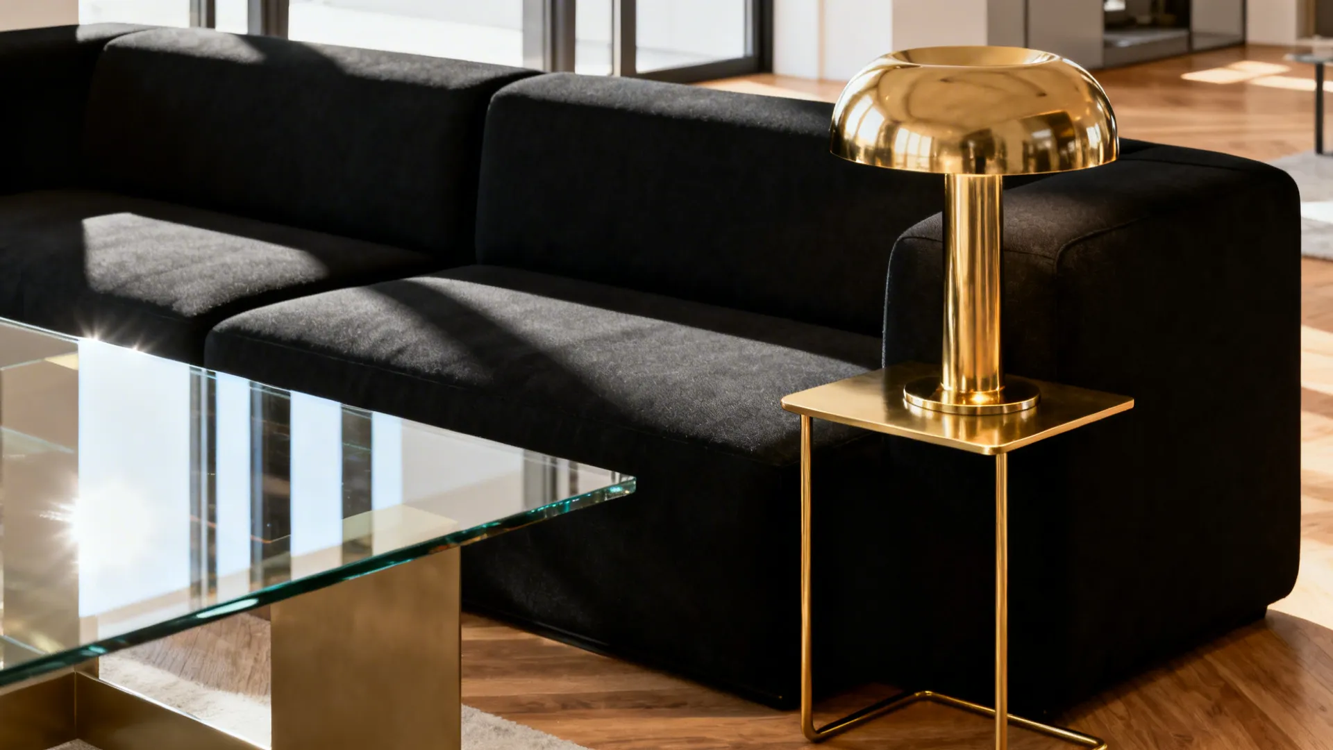 Black couch with brass lamp and glass coffee table reflecting light in a modern living room.