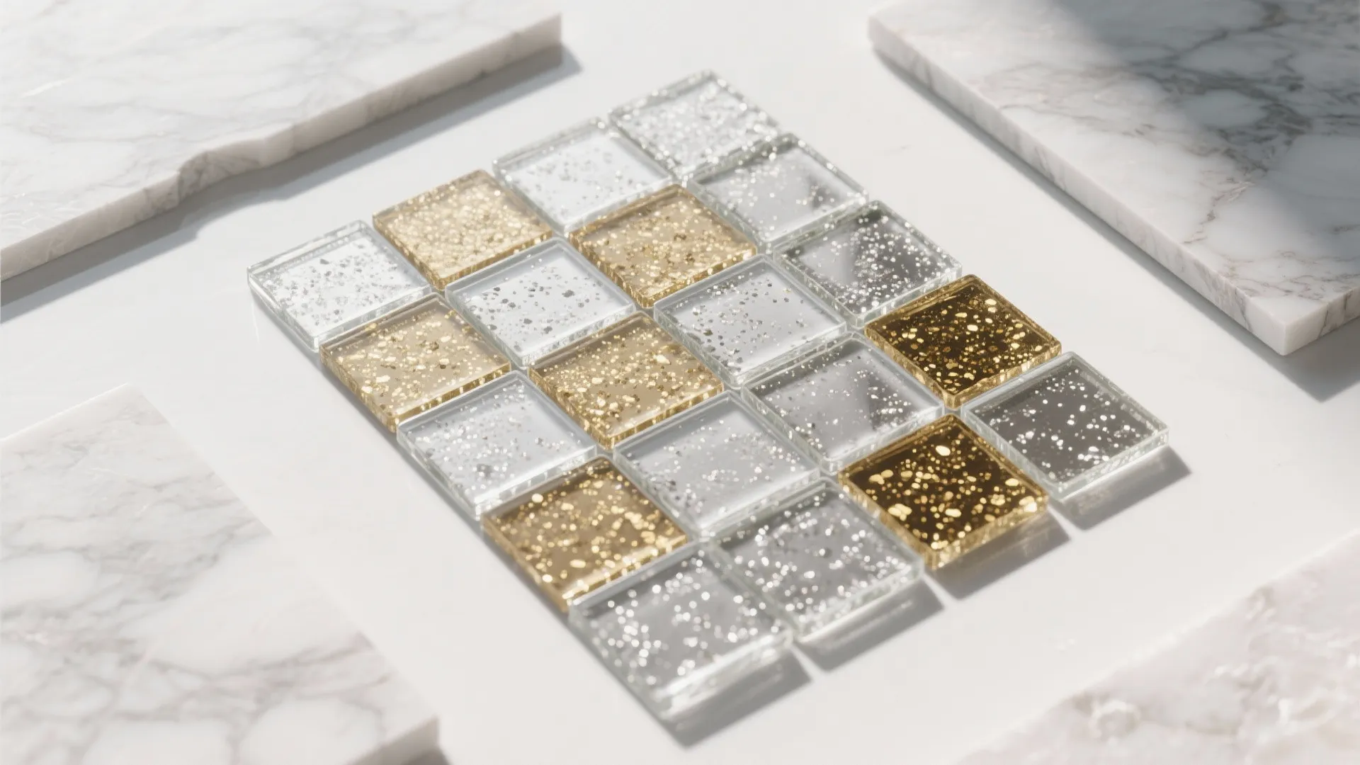 Flat lay of metallic-infused glass tiles with marble samples