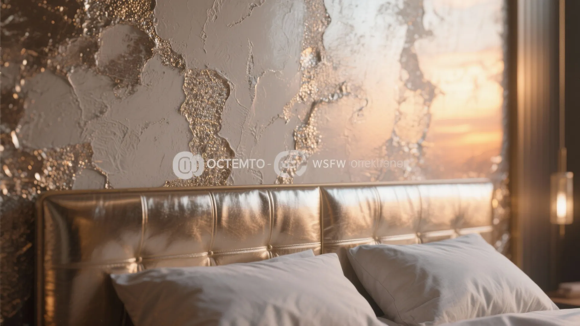Modern bedroom with gold leather bed frame against a textured gold and white plaster wall