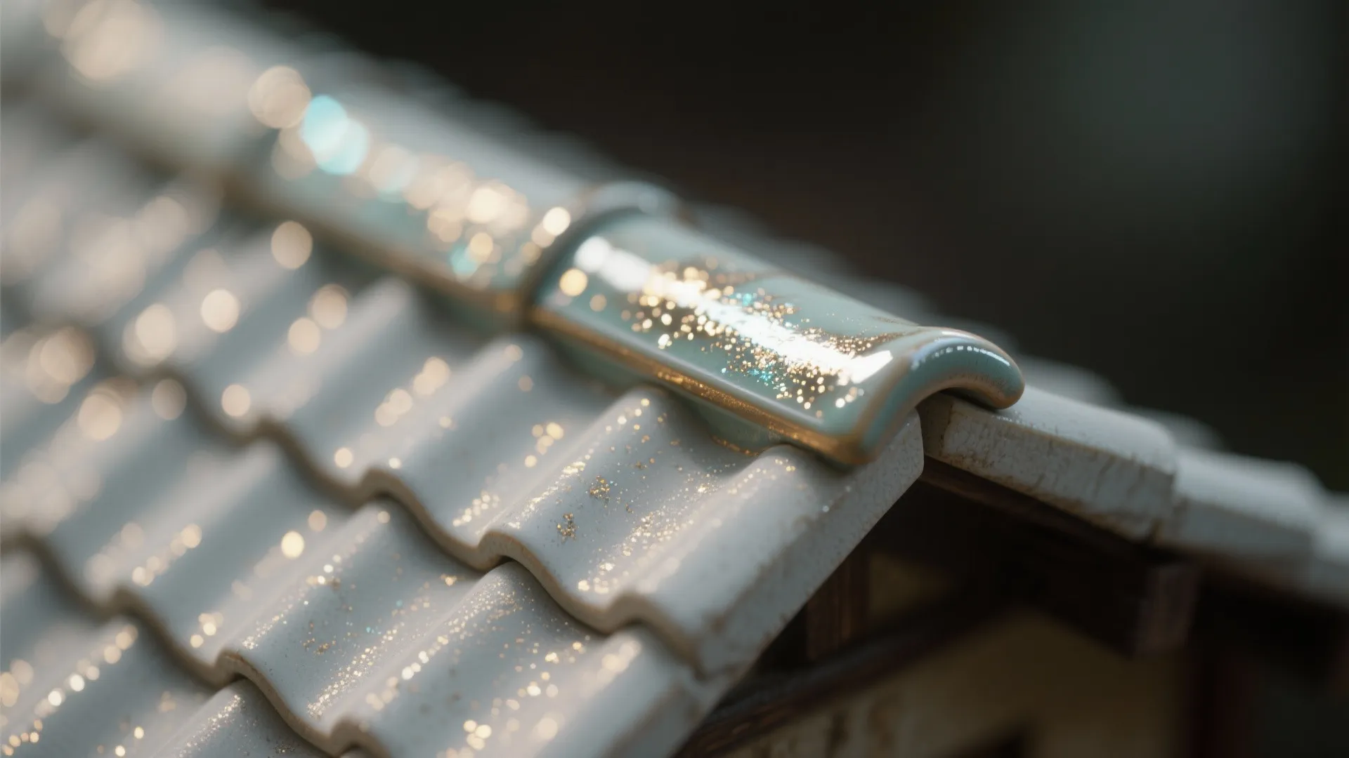 Close up view of roof tiles with shiny sparkling green glaze reflecting light on a house