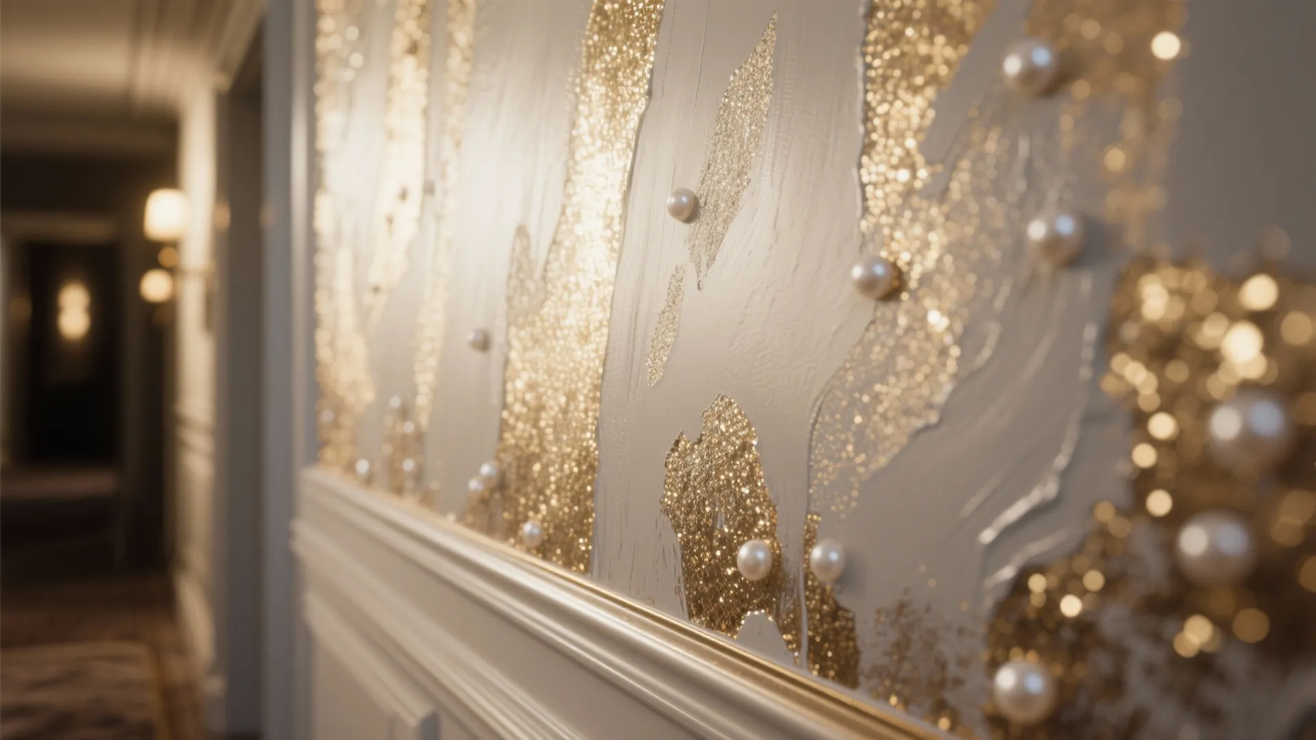 Close view of a white wall panel decorated with gold glitter paint and small white pearls