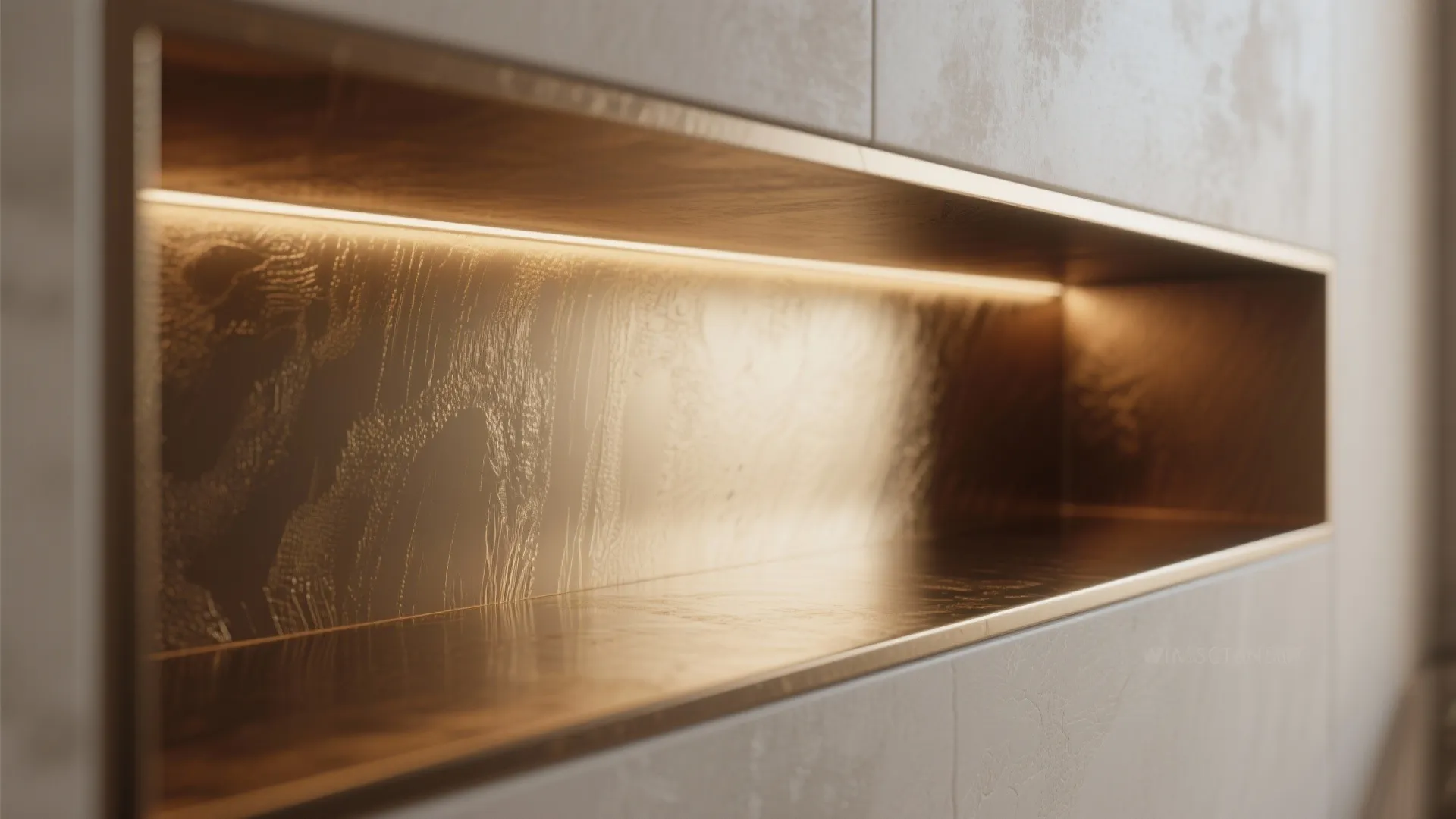 Modern wall shelf with gold textured surface and warm light fixture inside a white wall