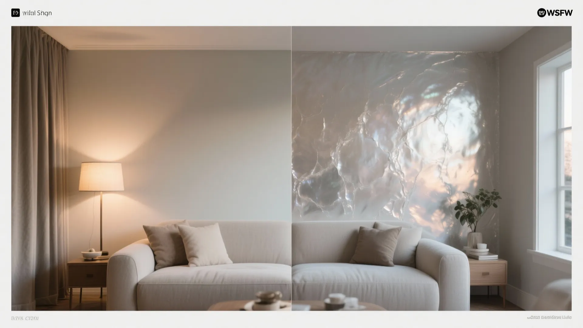 Before and after comparison of a plain wall versus a shiny metallic wall behind sofa