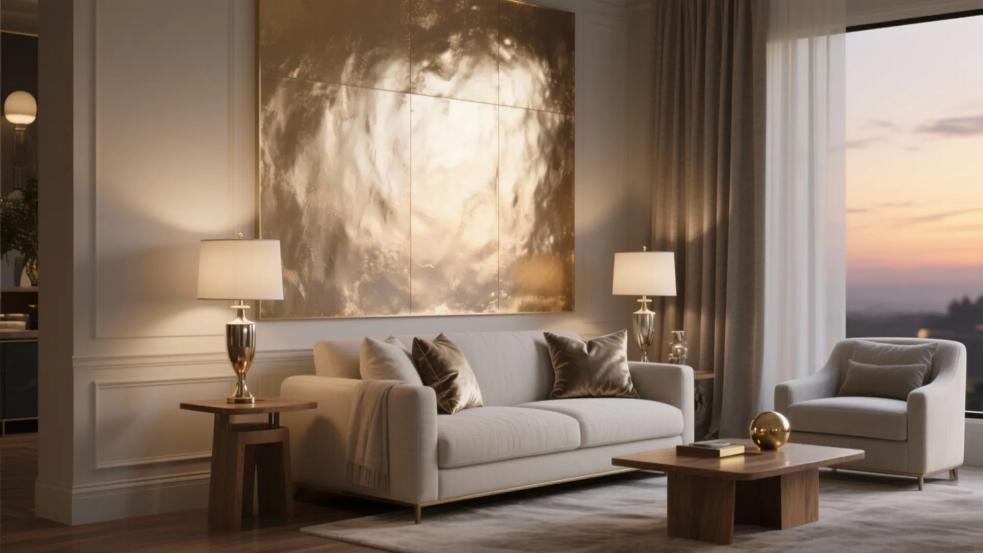 Luxury living room with white sofa and gold wall panel plus table lamps and view