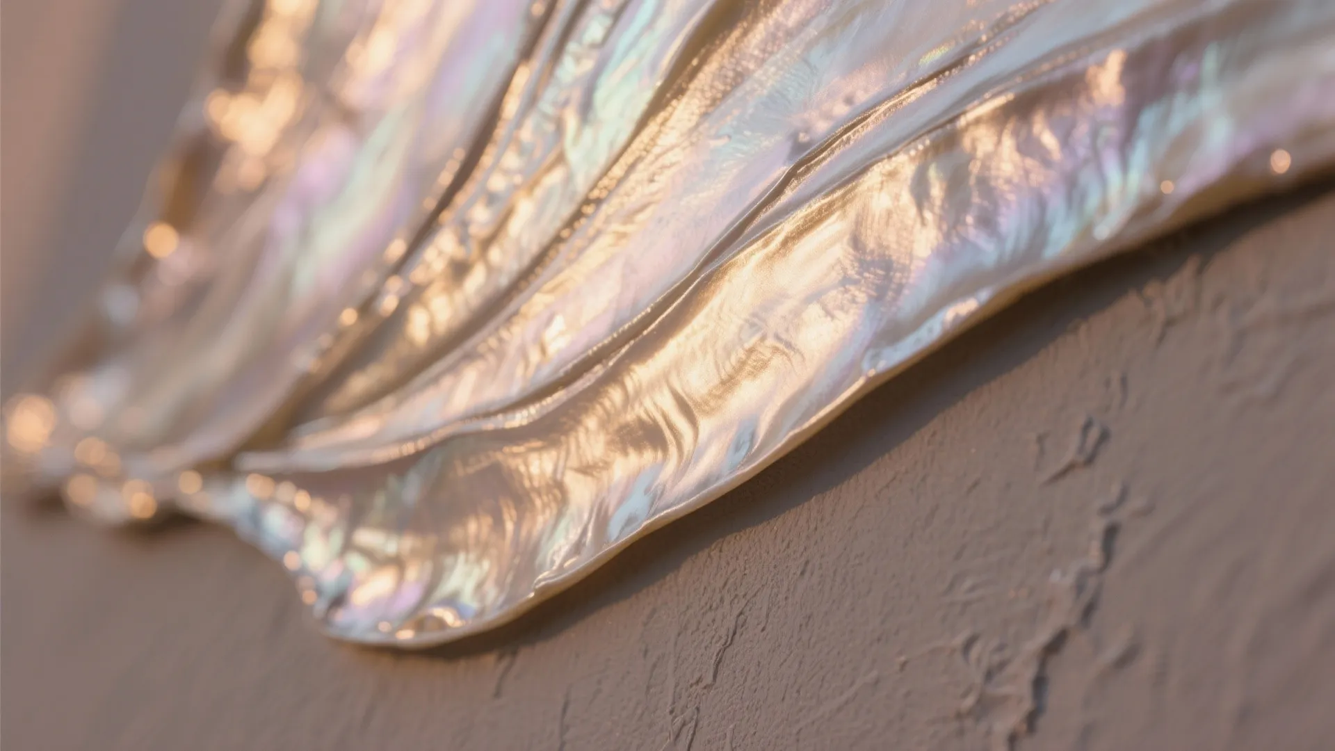 Shiny gold metallic wall surface showing wavy texture and soft warm light reflection in room