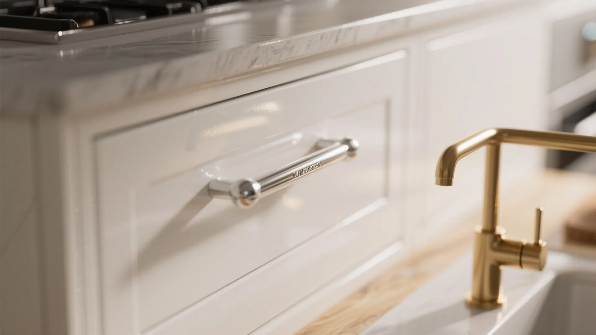 Close up of a white kitchen cabinet with silver metal handle and gold water tap