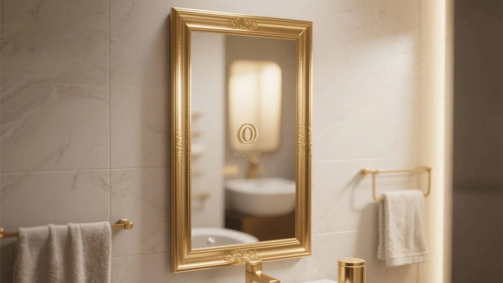 Golden rectangular mirror with ornate details hanging on white marble wall with gold towel rack