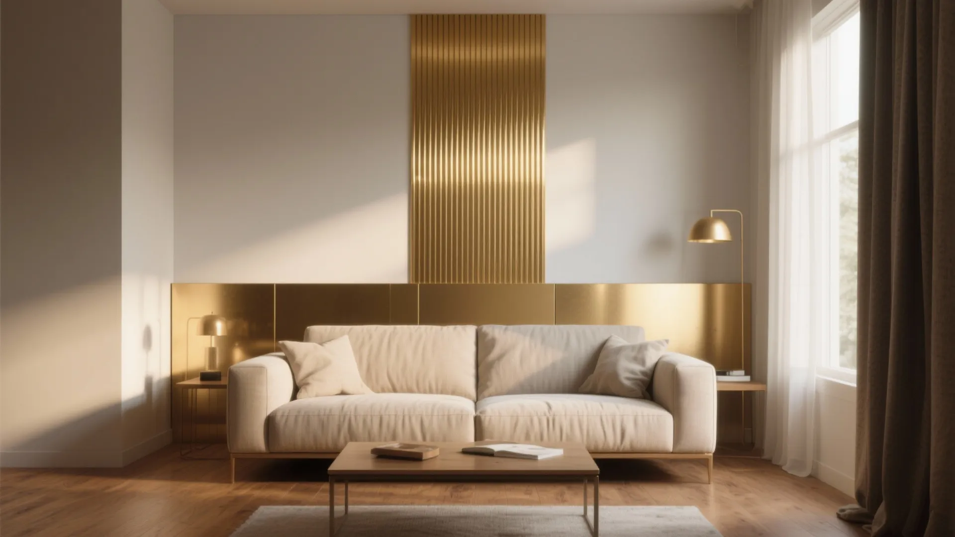 Minimalist living room with beige sofa gold wall panels wooden coffee table and bright sunshine