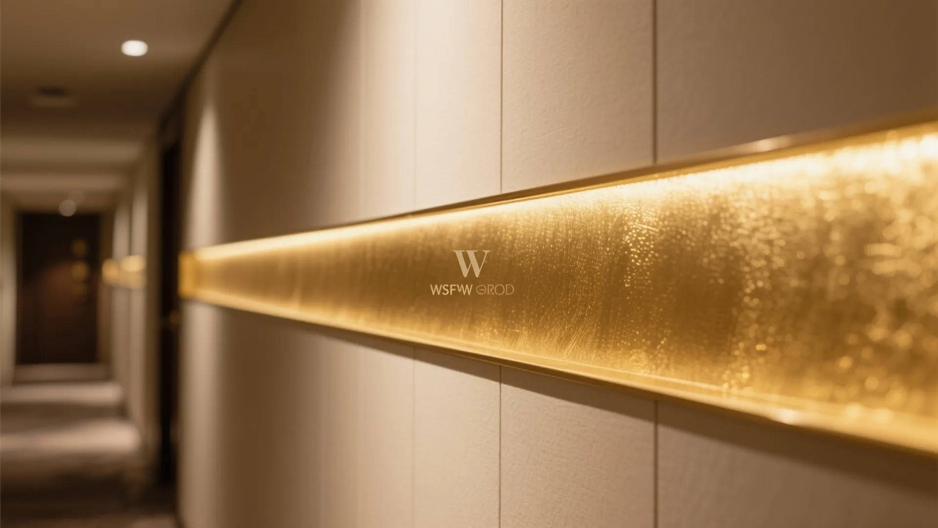 Modern hallway wall with a horizontal gold metallic stripe and soft warm recessed yellow lighting