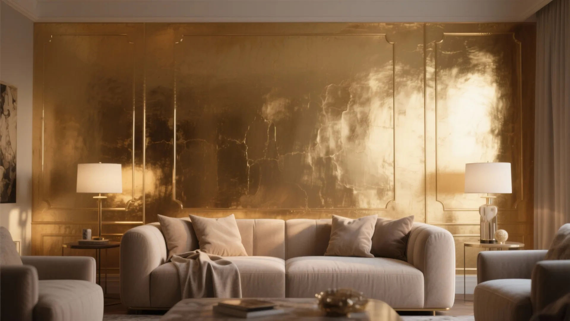 Luxurious living room featuring shiny metallic gold wall panels behind a beige sofa and lamps