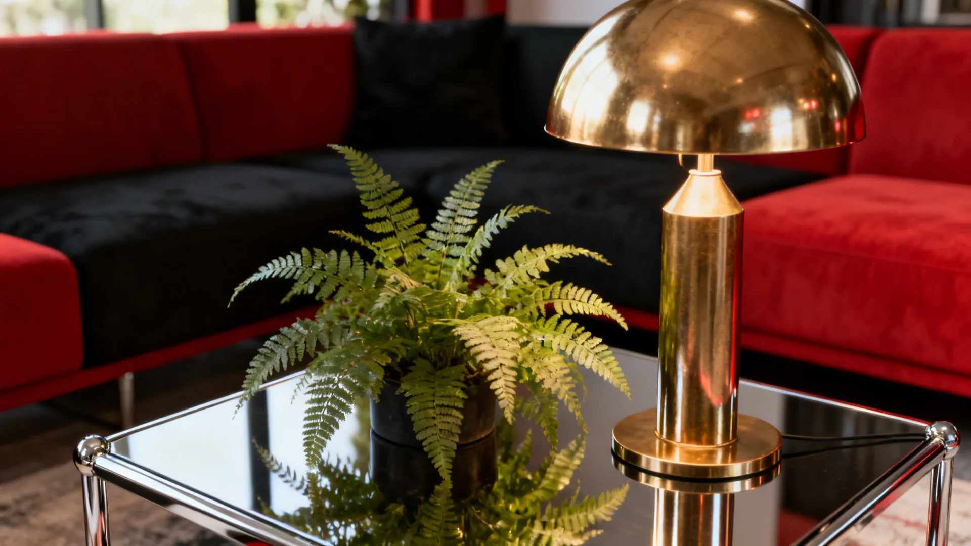 Brass lamp and greenery providing contrast in a red-and-black living room.