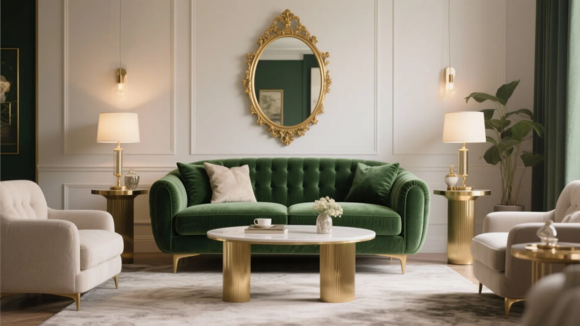 Elegant living room featuring a green sofa gold coffee table and wall light with mirror
