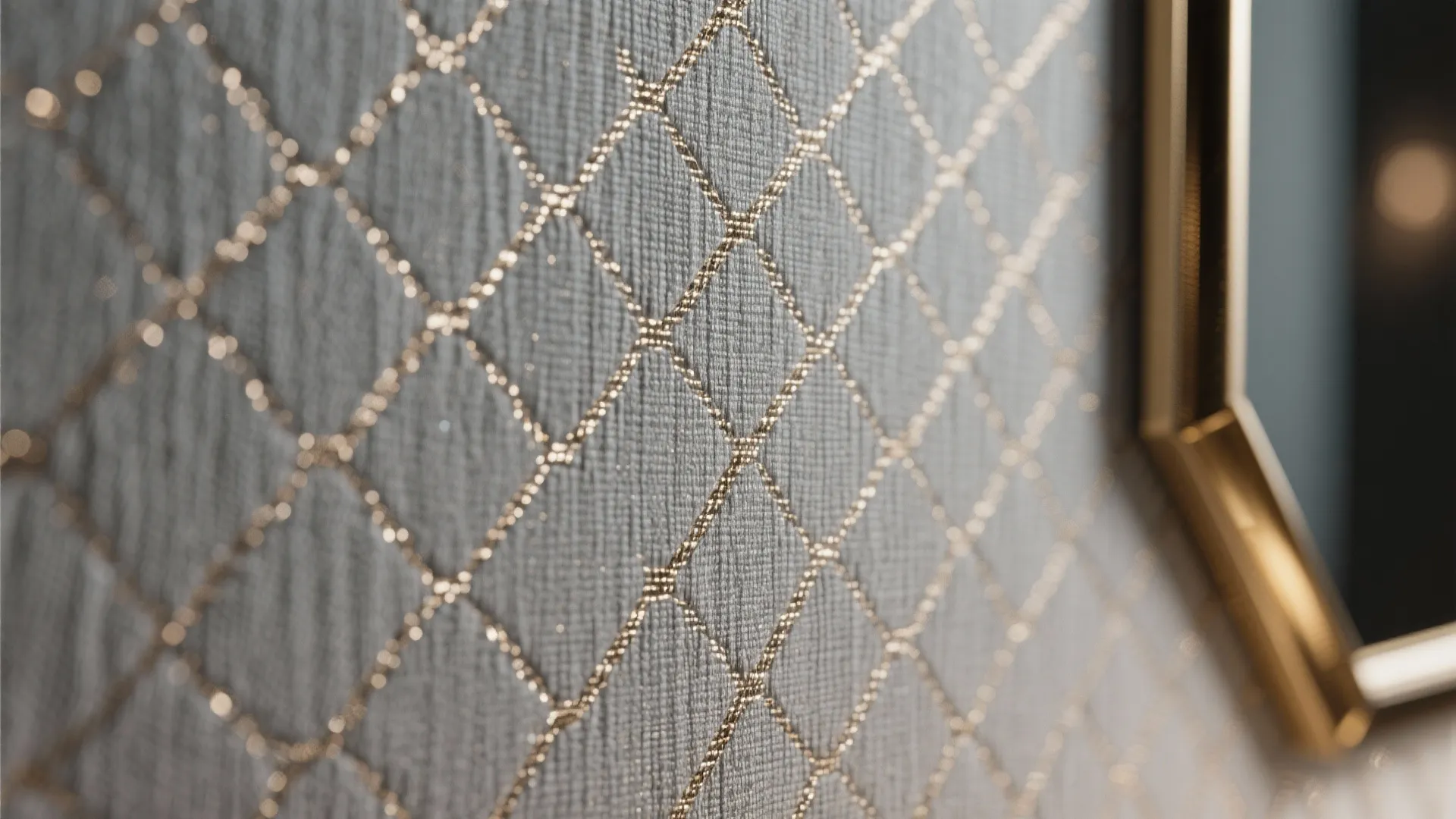 Close-up of grey wallpaper with metallic threads and subtle sheen