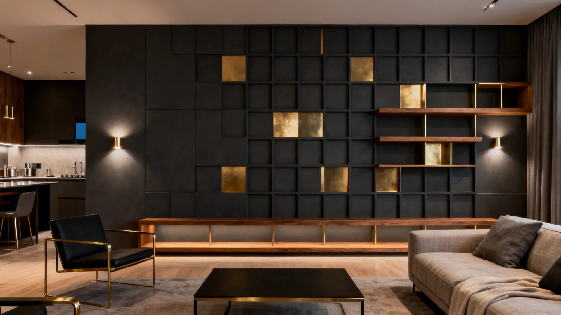 Charcoal 3D grid accent wall with subtle brass accents lit by wall-grazing sconces.