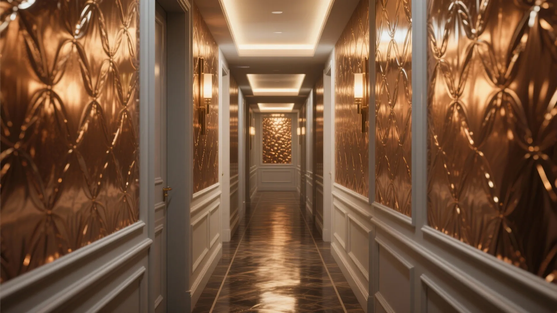 Luxury hallway featuring gold textured wall panels white wall panels and warm yellow wall light