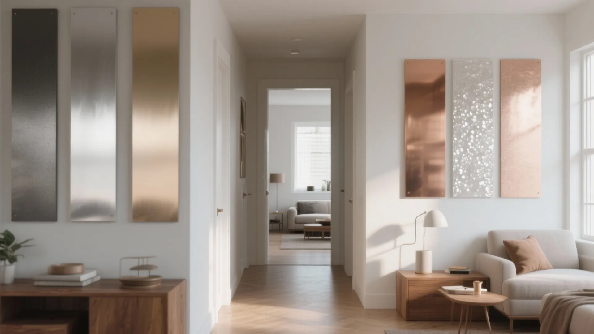 Bright hallway featuring metallic wall panels with white sofa wooden floor and open living room