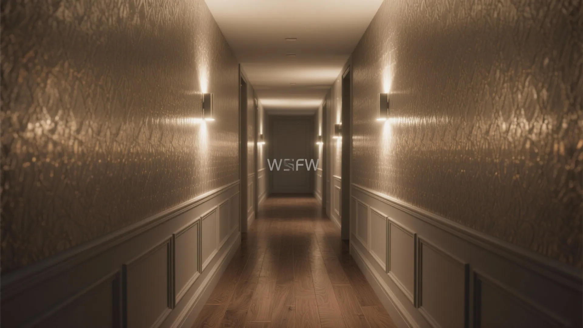 Luxury long hallway featuring brown textured wallpaper wall panel wood flooring and bright warm wall light
