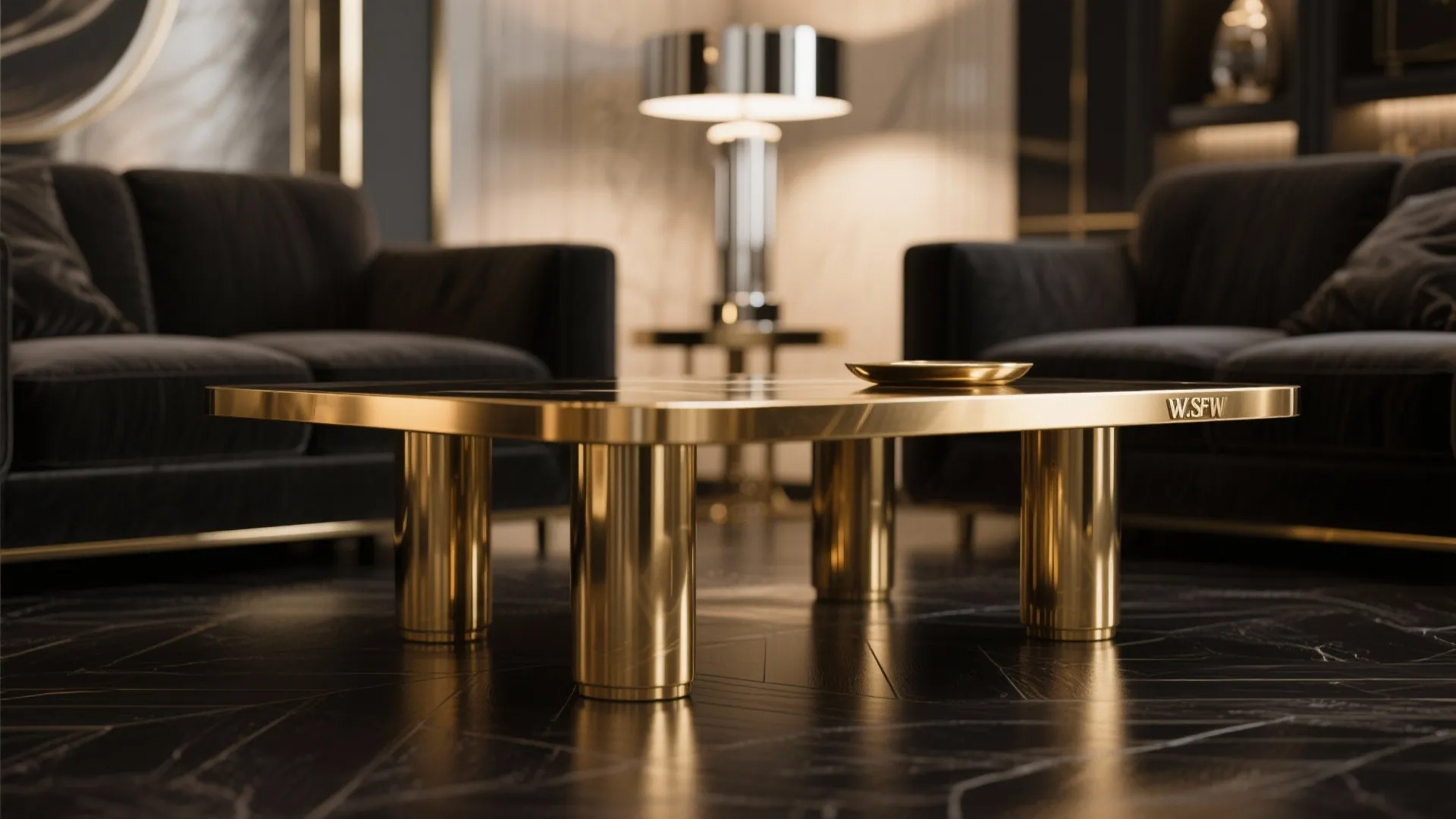 Close up view of golden coffee table with black sofas and lamp in background light