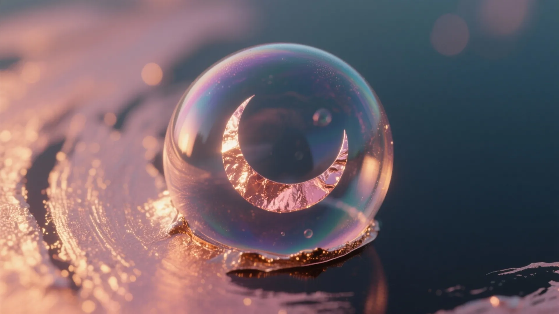 Crystal ball with gold crescent moon inside sitting on a shimmering metallic surface with reflections