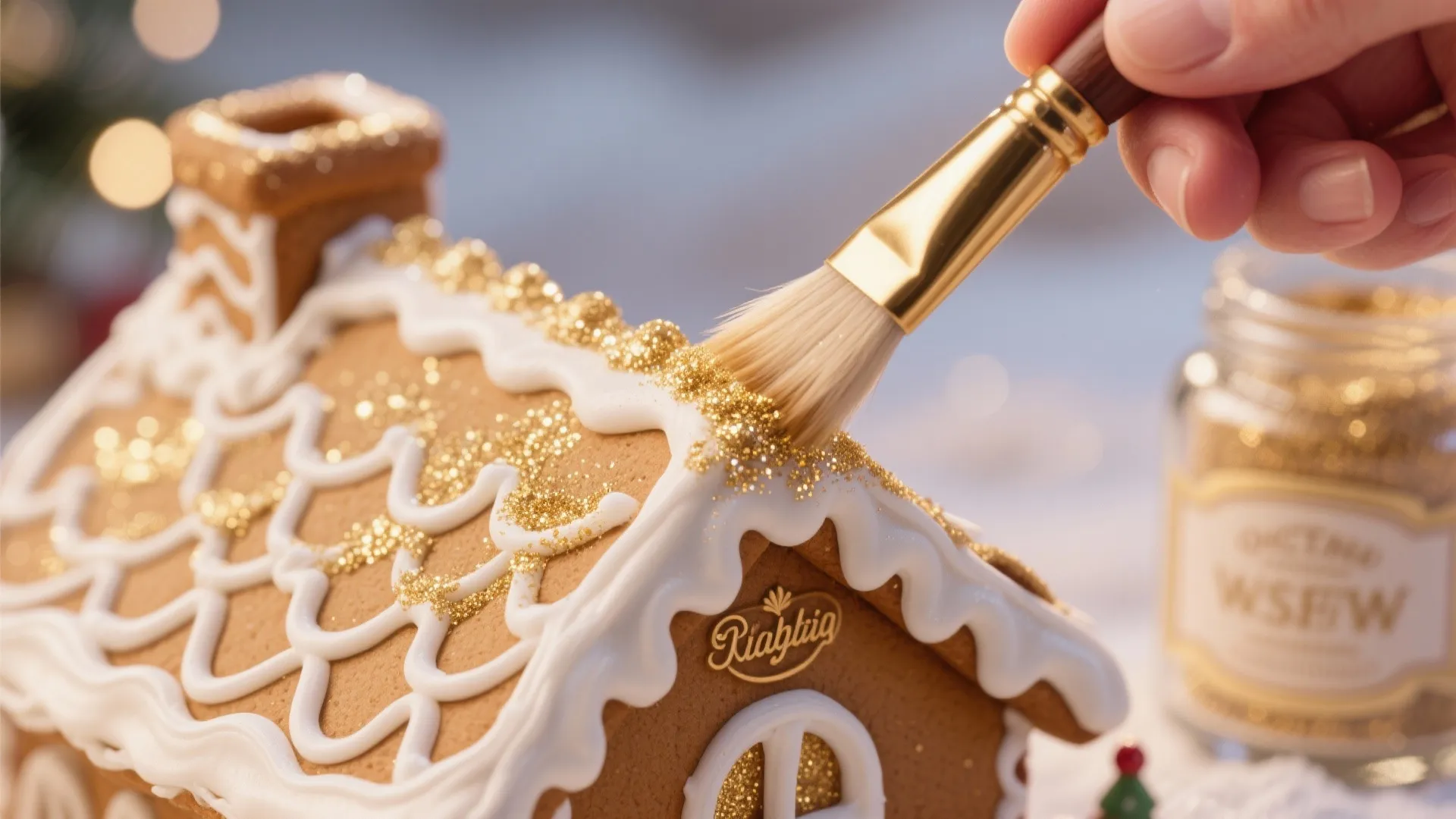 Hand applying gold glitter to the white icing on the roof of a gingerbread house