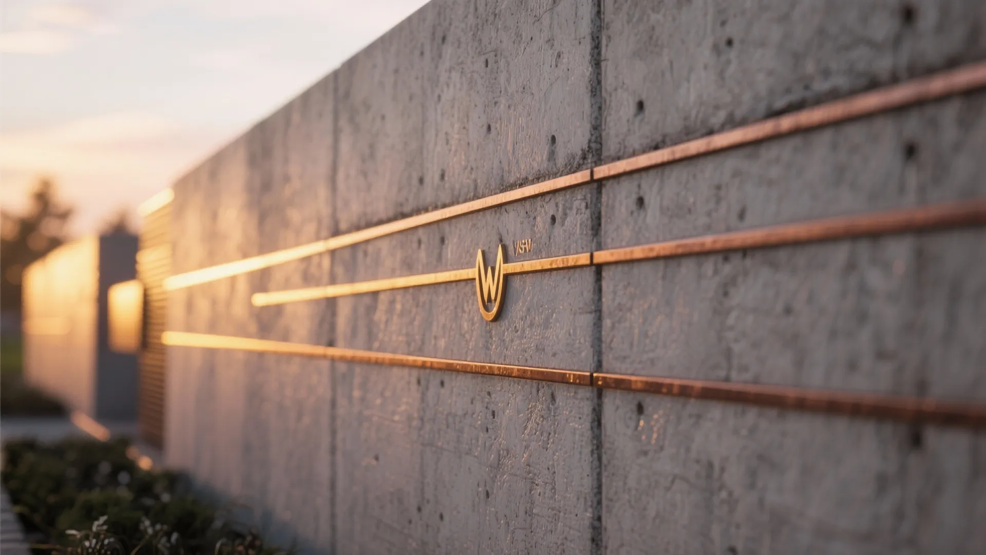 Textured grey cement wall featuring horizontal gold metal lines and a circular logo during sunset