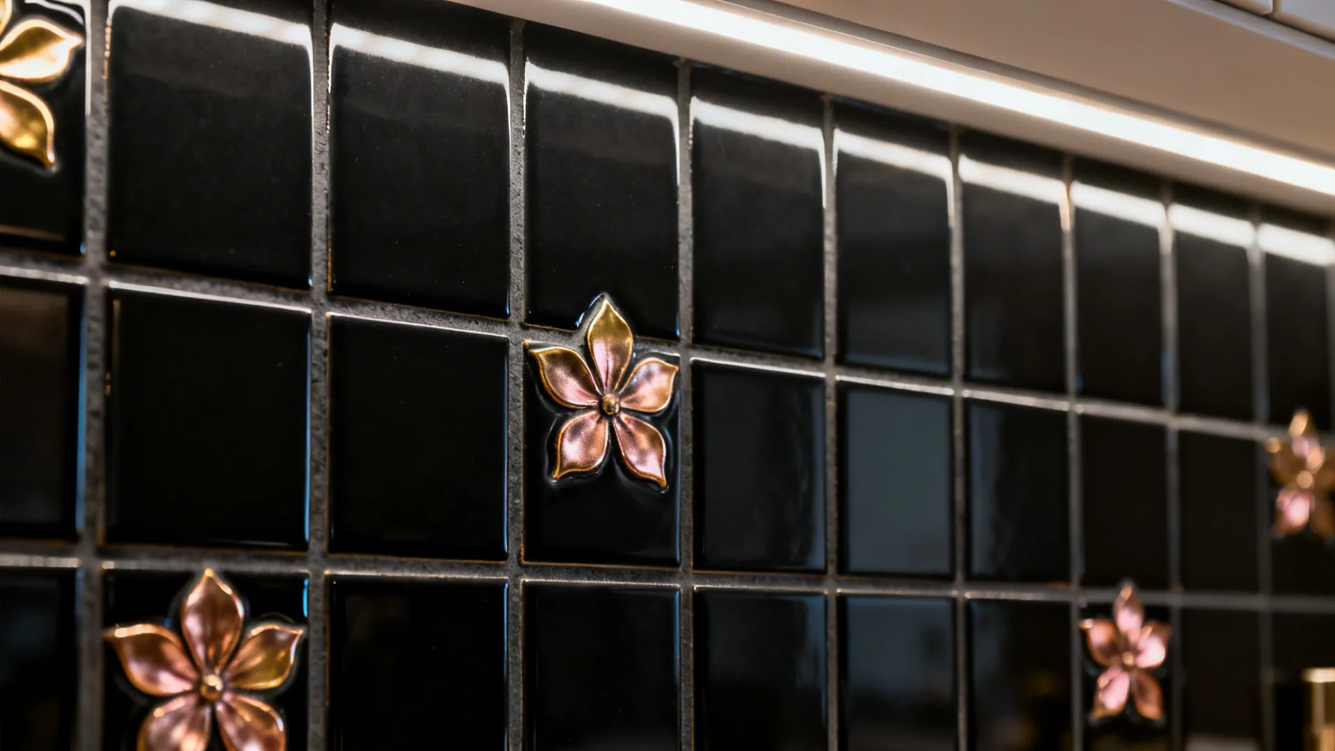 Glossy Black Tiles with Metallic Floral Inlays