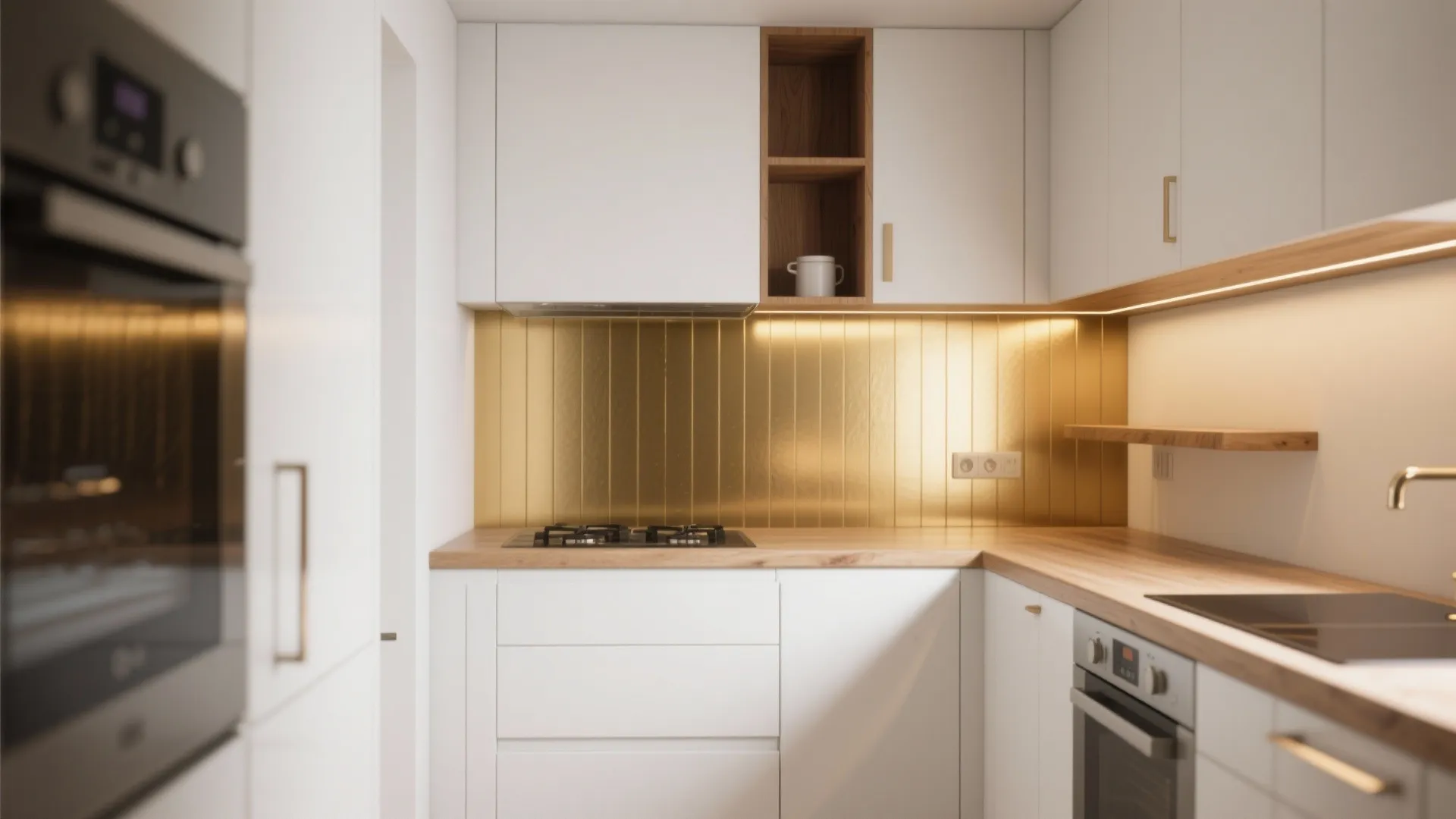 Compact modern kitchen with a metallic gold backsplash, white cabinets, and warm wood accents.