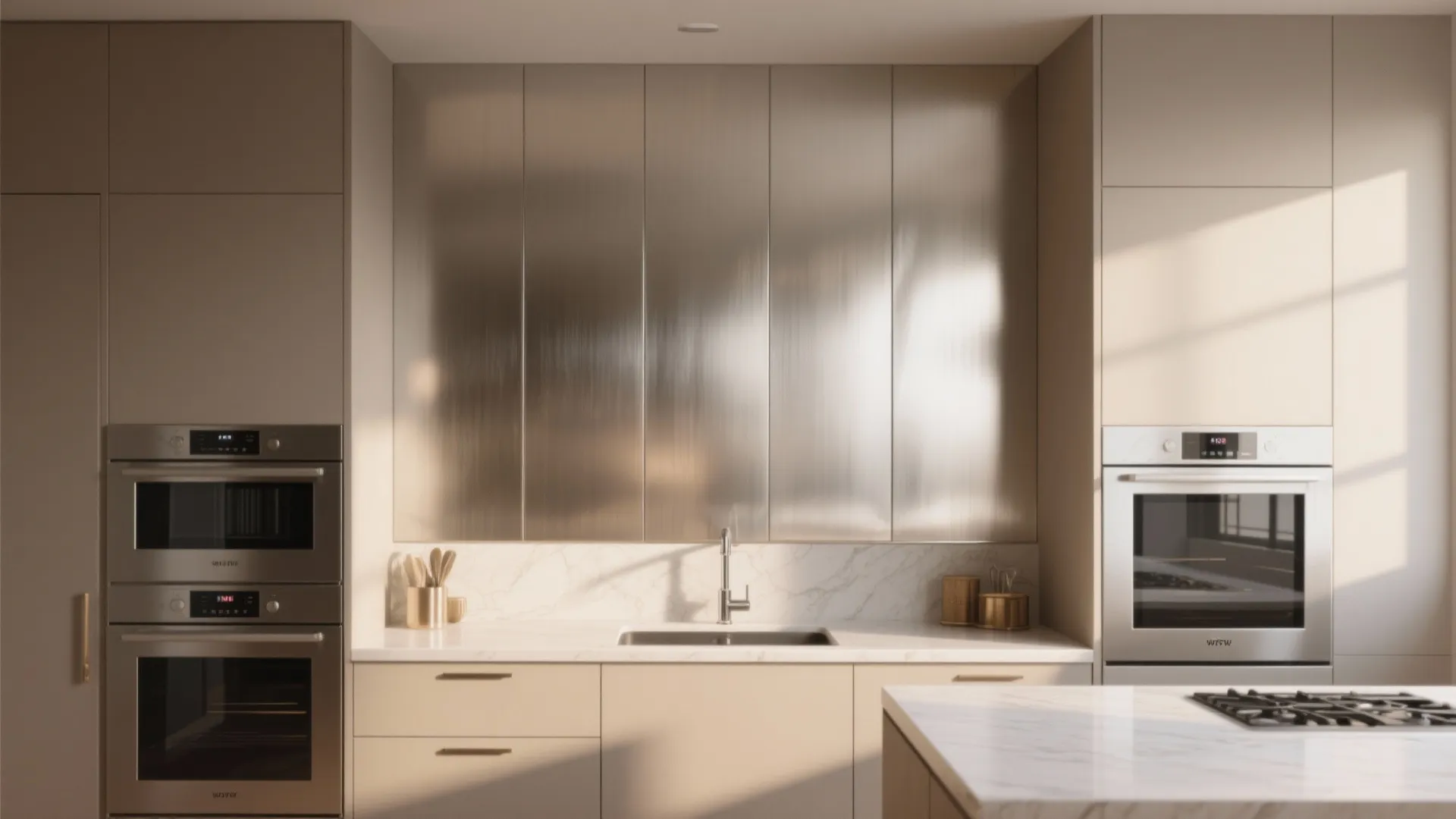 Modern kitchen with beige cabinets, marble countertop, silver built-in ovens, and brushed metal wall panels