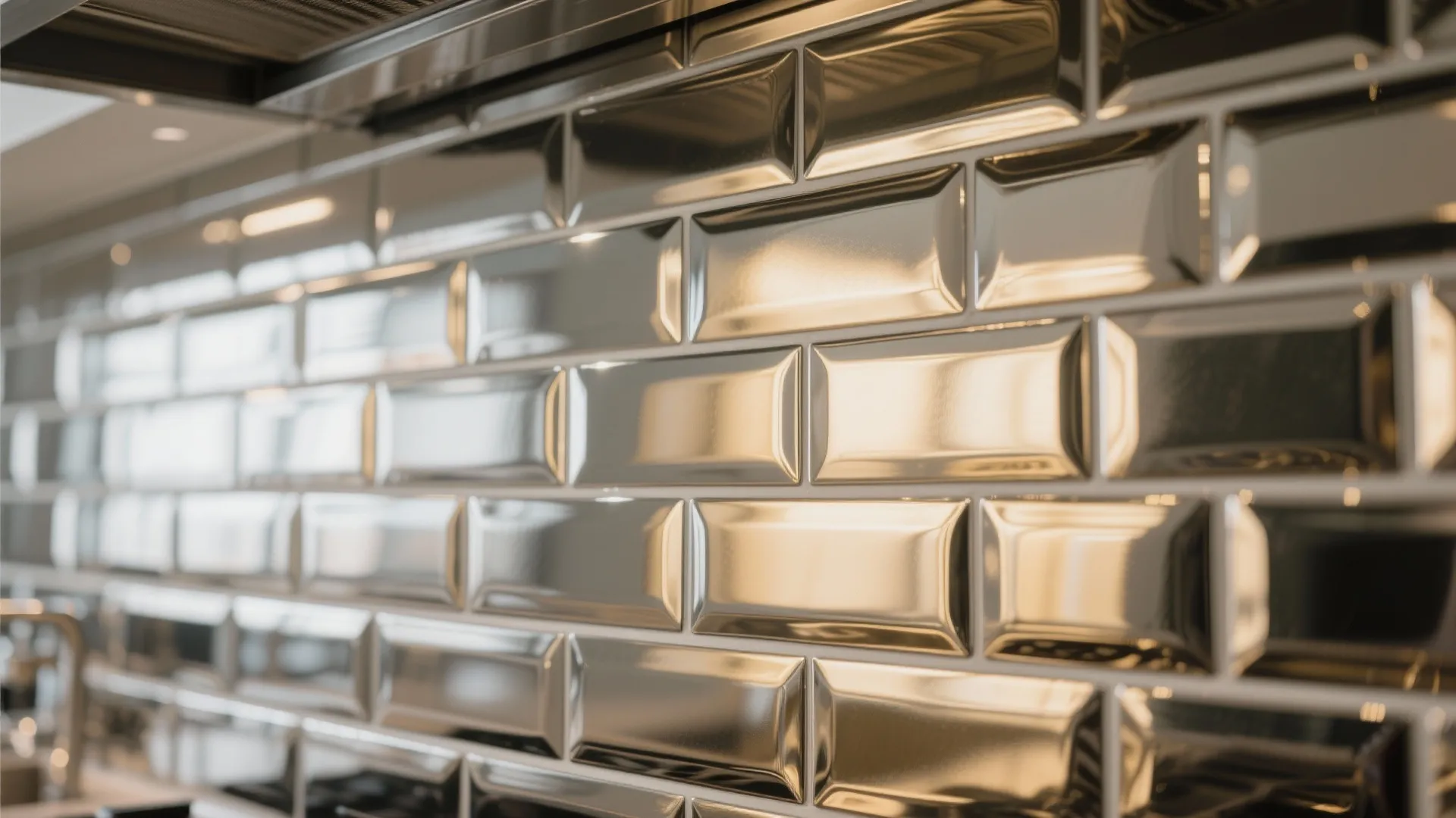 Close-up of reflective metallic kitchen tiles with light play