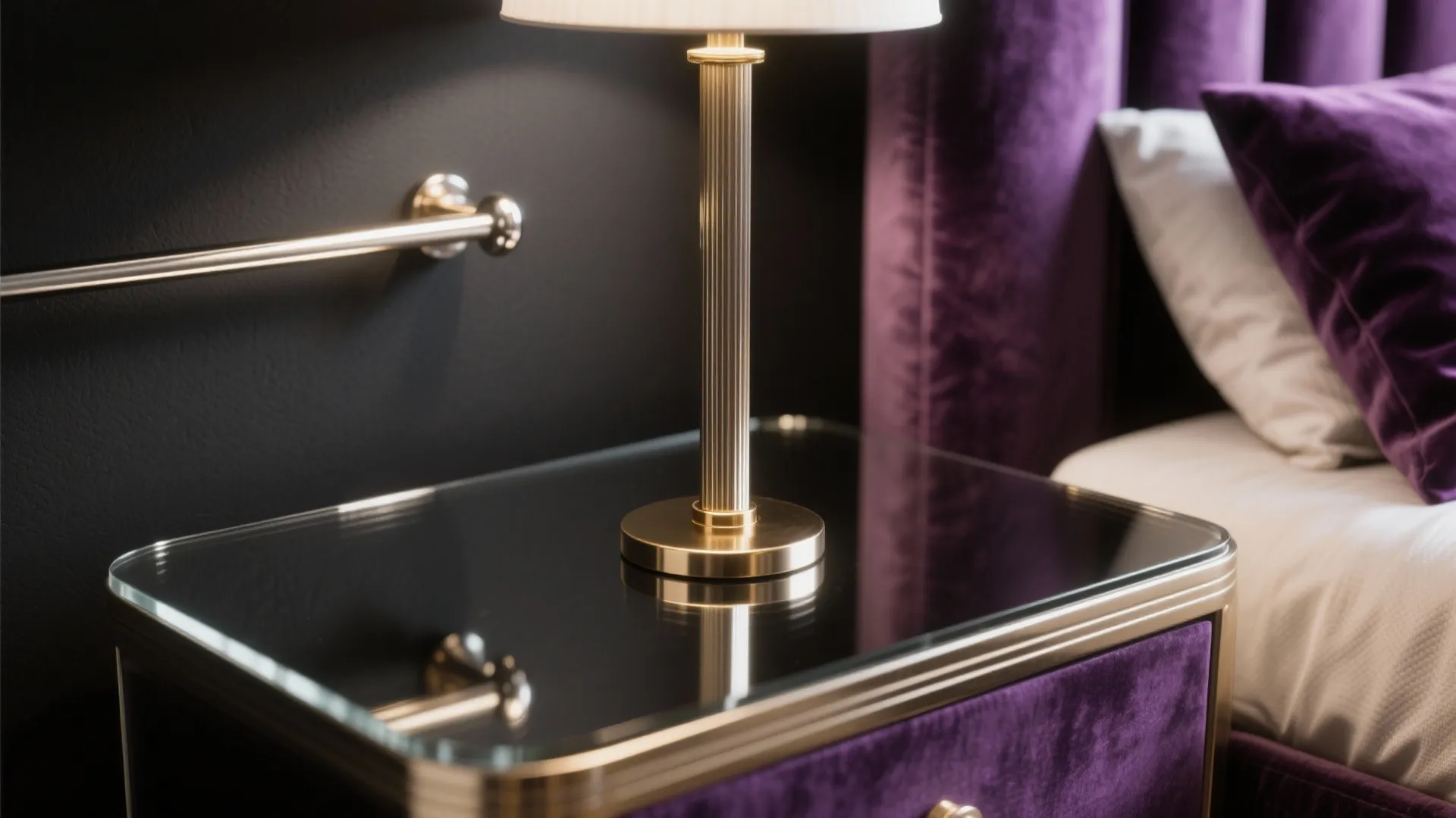 Gold table lamp on a purple and glass cabinet next to a bed with pillows