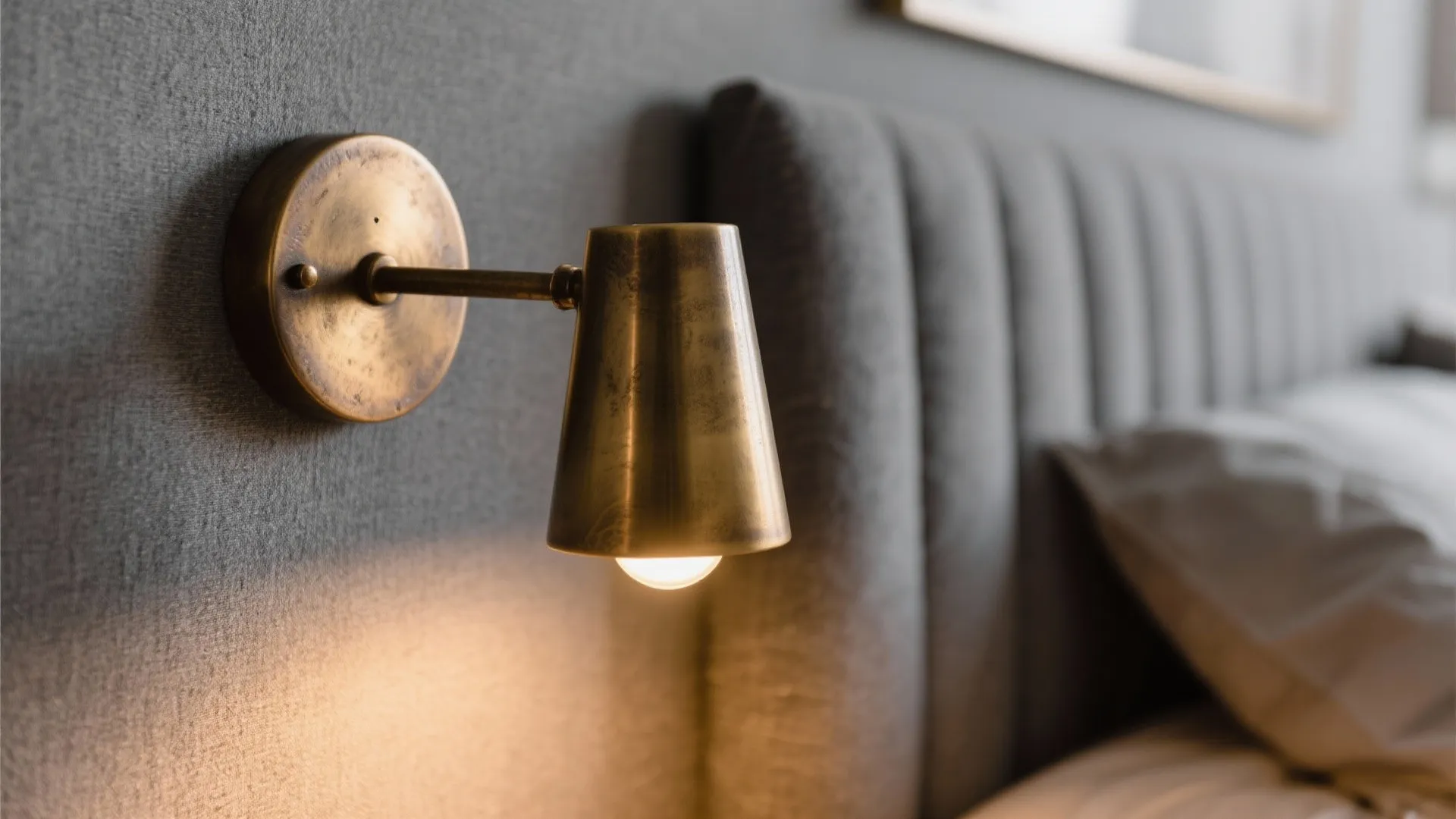 Close up of a brass wall light mounted on a grey wall near a bed