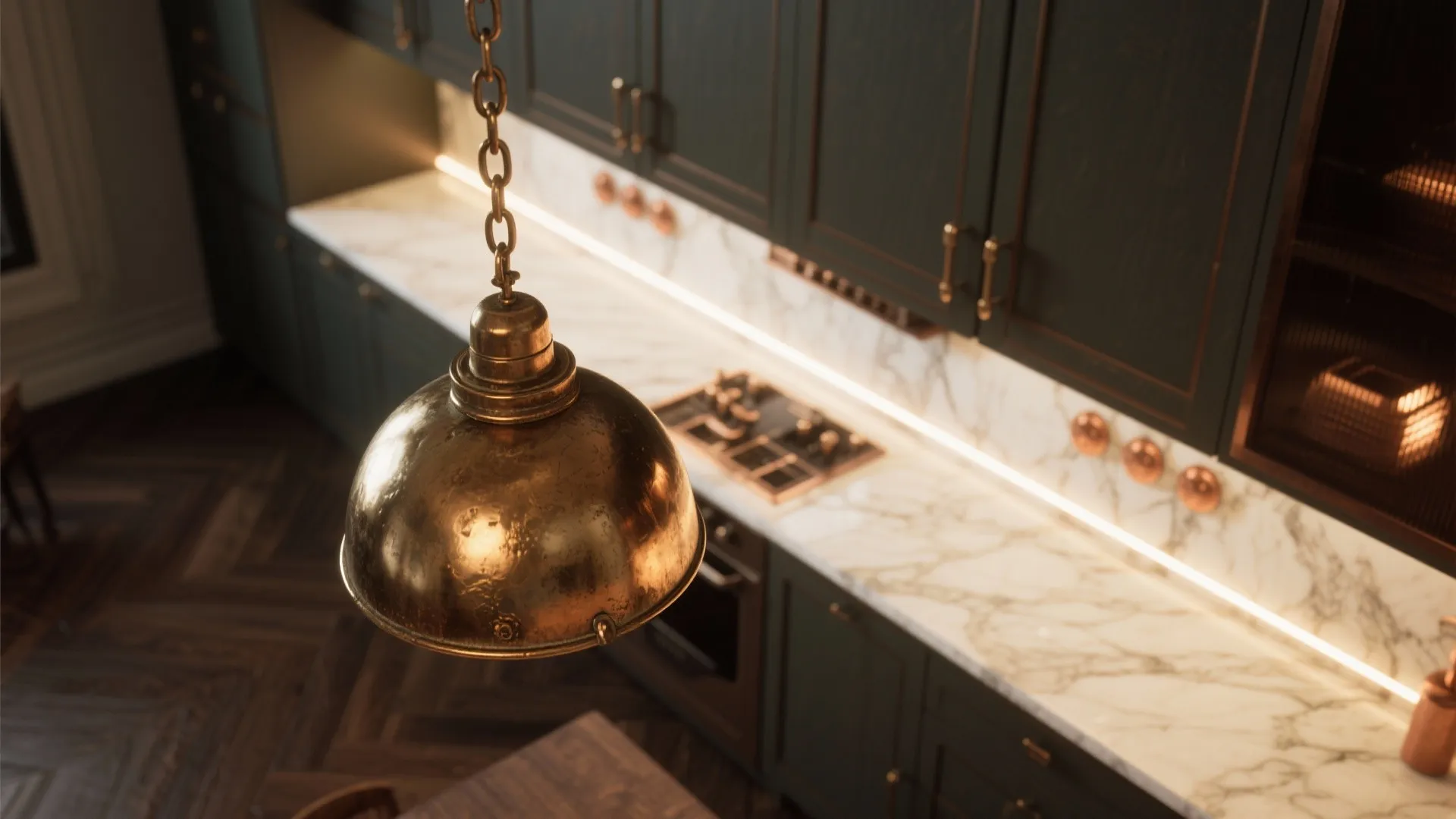Close up of a brass ceiling light hanging over a green kitchen cabinet with marble countertop