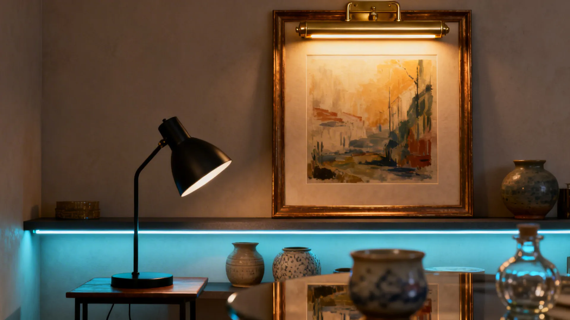 Brass picture light and matte black lamp showing mixed metals and accent lighting.