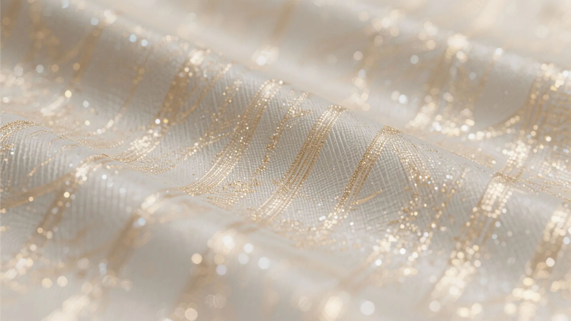 Close up view of cream fabric with metallic gold patterns and shimmering light effects for decoration