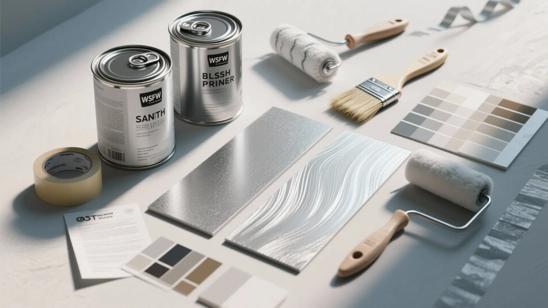 Two silver paint cans with paint rollers brush color swatches and metallic textured wall material