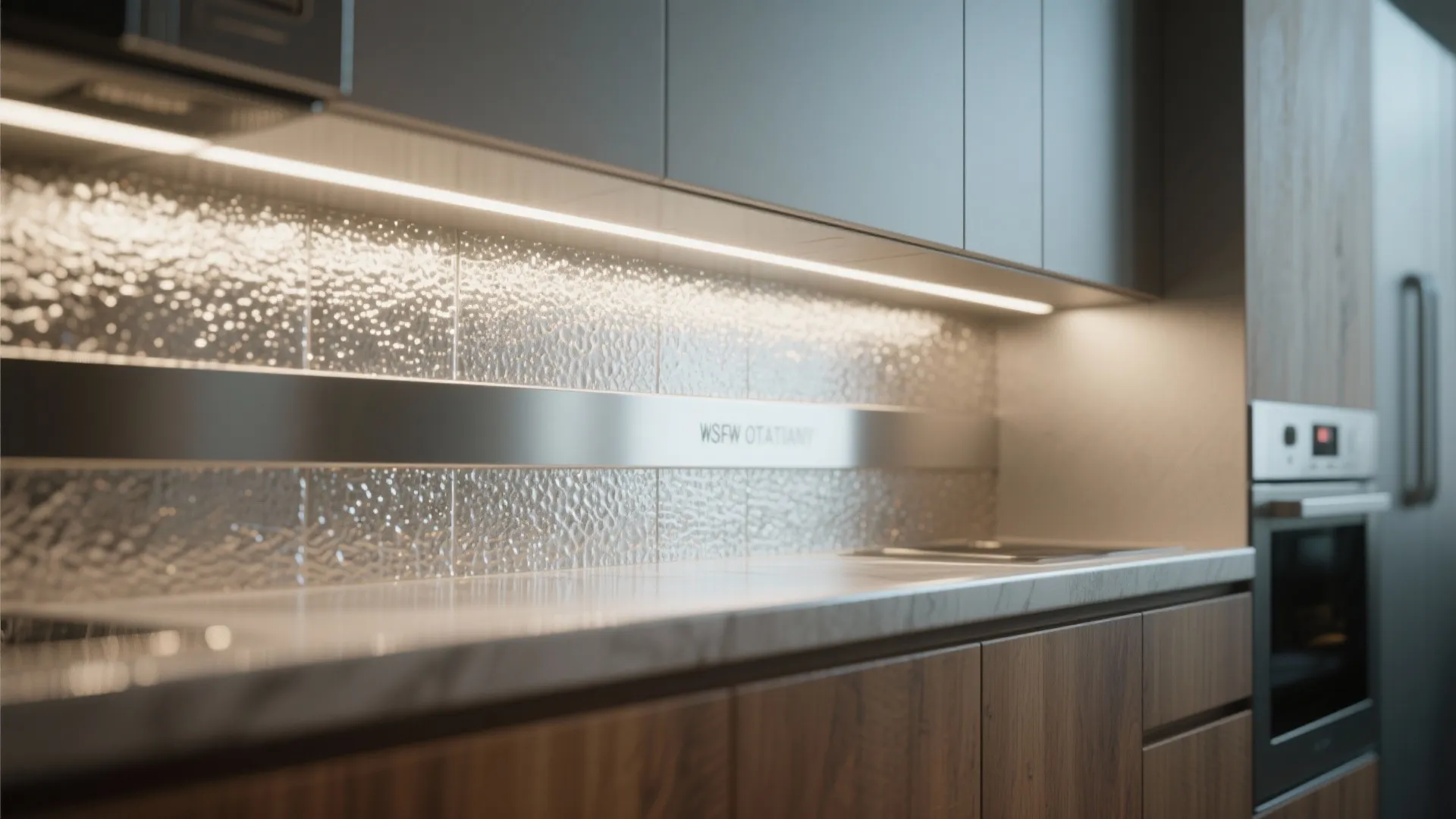 Modern kitchen with wooden cabinets white counter and light strip shining on textured metallic backsplash